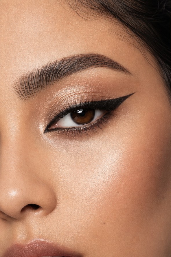 Model wearing graphic eye makeup