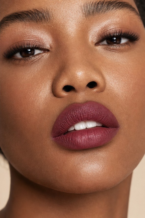 Model wearing berry lip makeup